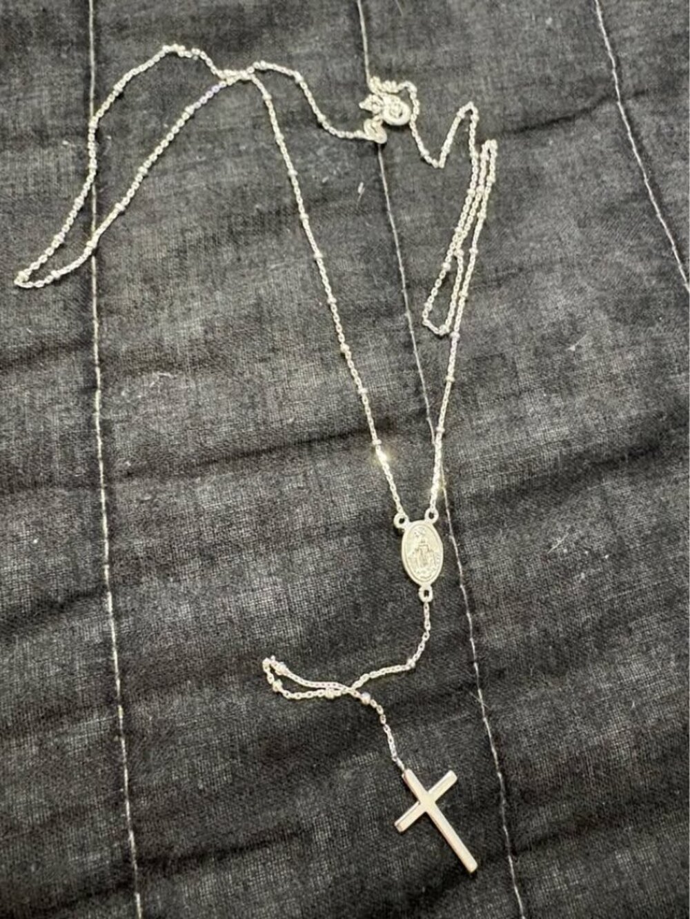 Silver Rosary Necklace with Cross and Miraculous Medal sterling silver 925